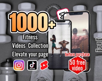 May include: A collage of images promoting a fitness video collection. The text "1000+ Fitness Videos Collection Elevate your page" is displayed in large, orange letters. The image also includes icons for Instagram, TikTok, and YouTube. The text "before purchase 50 free video" is displayed in a red circle.