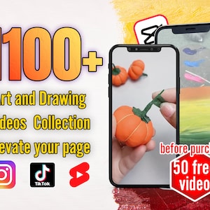 Digital collection showcase of 1100+ art and drawing videos, optimized for Instagram, TikTok, and YouTube, with a mobile screen preview displaying vivid art creation and a special offer of 50 free videos before purchase.