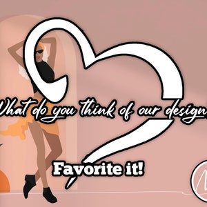 May include: A woman in sunglasses and a black top stands in a doorway with a heart shape around her. The text "What do you think of our design? Favorite it!" is written below the heart.