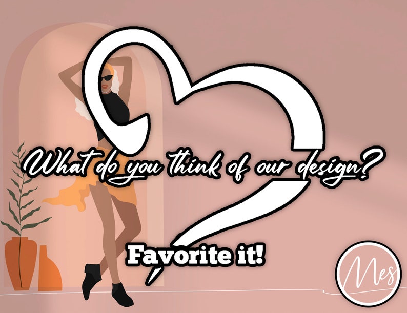 May include: A woman in sunglasses and a black top stands in a doorway with a heart shape around her. The text "What do you think of our design? Favorite it!" is written below the heart.