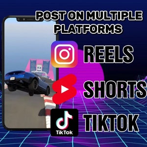 May include: A smartphone screen displaying a blue car driving on a track. The screen is surrounded by a purple and blue grid pattern. The text "POST ON MULTIPLE PLATFORMS" is at the top of the screen. Below the text are three logos: Instagram Reels, YouTube Shorts, and TikTok.