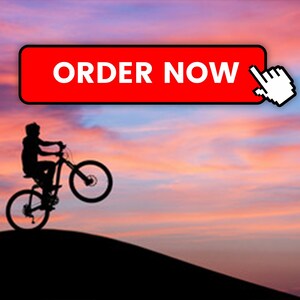 May include: Silhouette of a person riding a mountain bike against a colourful sunset sky. The bike is in the air, with the front wheel lifted. A red button with the text "ORDER NOW" is in the top right corner of the image, with a white cursor pointing at it.