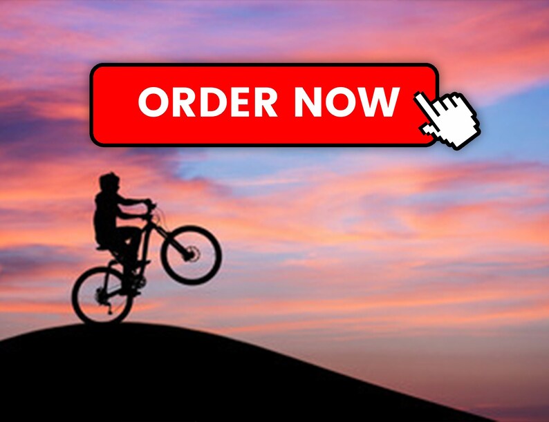 May include: Silhouette of a person riding a mountain bike against a colourful sunset sky. The bike is in the air, with the front wheel lifted. A red button with the text "ORDER NOW" is in the top right corner of the image, with a white cursor pointing at it.