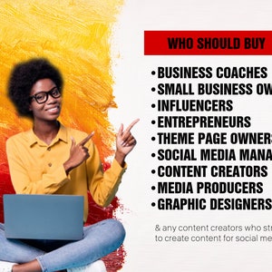 Cheerful young woman in a yellow shirt showcasing a list of professionals, from business coaches to graphic designers, who would benefit from digital content services, set against a vivid yellow and red backdrop