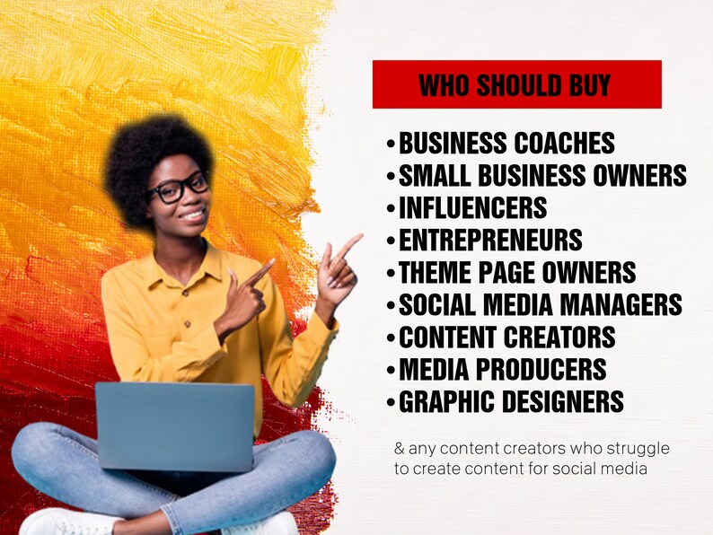 Cheerful young woman in a yellow shirt showcasing a list of professionals, from business coaches to graphic designers, who would benefit from digital content services, set against a vivid yellow and red backdrop
