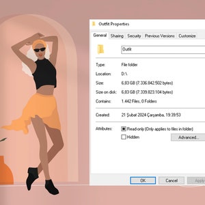May include: A screenshot of a Windows file explorer window showing the properties of a folder named "Outfit". The folder is located on the D drive and contains 1,442 files and 0 folders. The folder was created on February 21, 2024 at 7:39:53 PM.