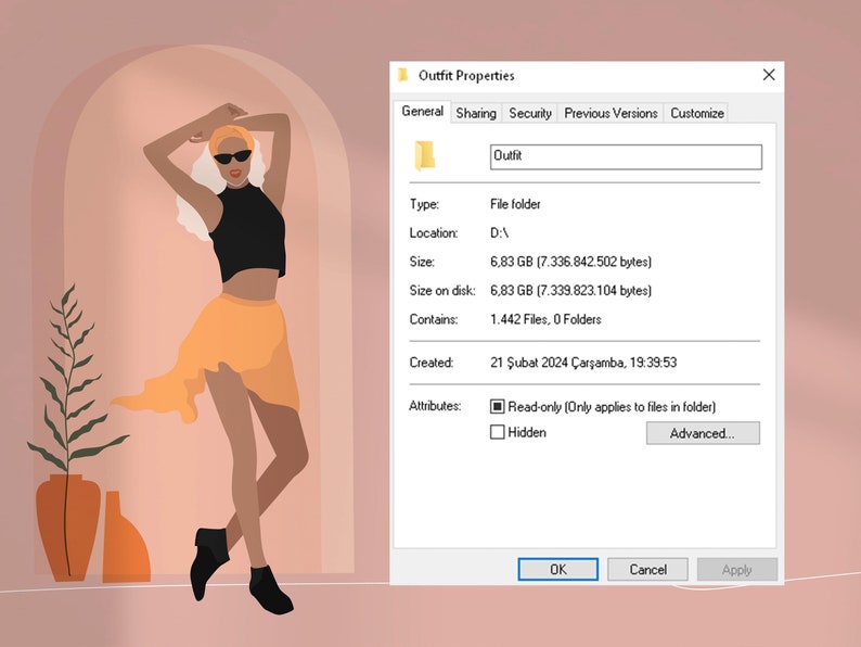 May include: A screenshot of a Windows file explorer window showing the properties of a folder named "Outfit". The folder is located on the D drive and contains 1,442 files and 0 folders. The folder was created on February 21, 2024 at 7:39:53 PM.