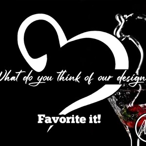 May include: A white heart shape with a question mark at the bottom. The text "What do you think of our design? Favorite it!" is written in white on a black background. A martini glass with a red strawberry inside is shown on the right side of the image. The text "Mes" is written in white on a black circle.