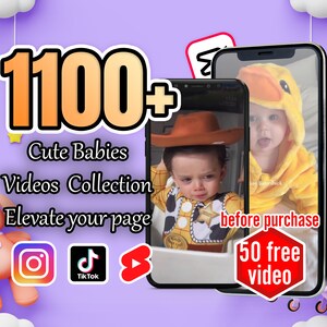 Pode incluir: Uma imagem digital na tela de um smartphone mostra um bebê fofo vestindo uma fantasia de pato amarelo. O texto "antes da compra" e "50 vídeos grátis" é exibido em um círculo vermelho. A imagem é cercada por um fundo roxo com nuvens e estrelas.