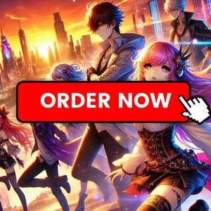 Puede incluir: Una ilustraci&oacute;n colorida de estilo anime con cinco personajes en un entorno de ciudad futurista. Los personajes est&aacute;n vestidos con varios estilos, incluyendo un atuendo blanco y negro, un atuendo morado y negro, un atuendo negro y rojo, y un atuendo azul y negro. La ilustraci&oacute;n incluye un bot&oacute;n rojo con el texto "ORDER NOW" y un cursor que se cierne sobre &eacute;l.