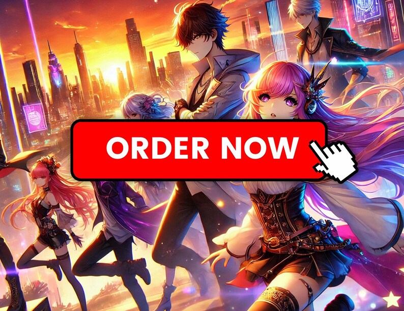 Puede incluir: Una ilustraci&oacute;n colorida de estilo anime con cinco personajes en un entorno de ciudad futurista. Los personajes est&aacute;n vestidos con varios estilos, incluyendo un atuendo blanco y negro, un atuendo morado y negro, un atuendo negro y rojo, y un atuendo azul y negro. La ilustraci&oacute;n incluye un bot&oacute;n rojo con el texto "ORDER NOW" y un cursor que se cierne sobre &eacute;l.