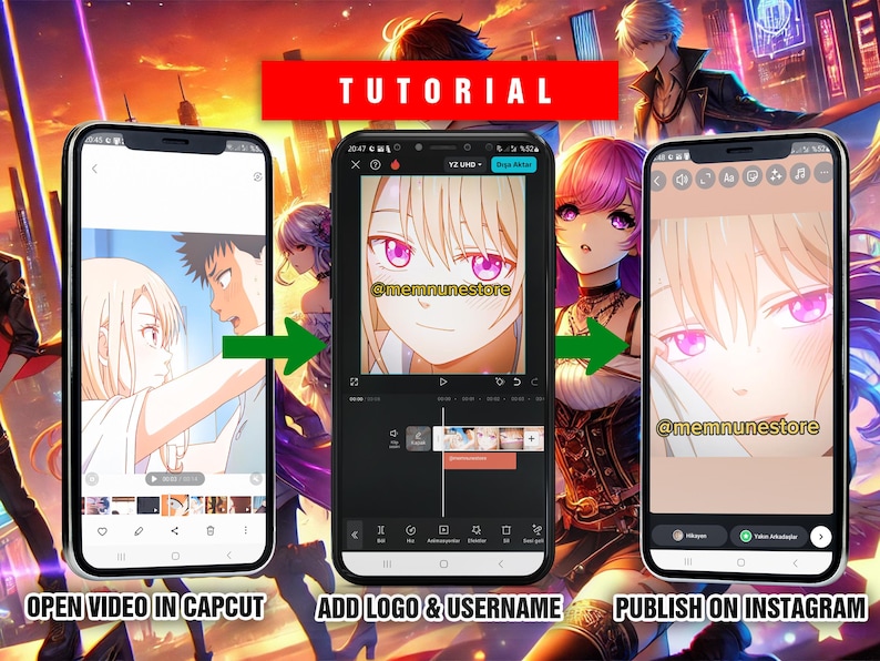 Puede incluir: Un tutorial sobre c&oacute;mo agregar un logotipo y un nombre de usuario a un video usando la aplicaci&oacute;n CapCut y luego publicarlo en Instagram. El tutorial muestra tres capturas de pantalla de una pantalla de tel&eacute;fono. La primera captura de pantalla muestra un video de dos personajes de anime. La segunda captura de pantalla muestra la aplicaci&oacute;n CapCut con un video y un logotipo y un nombre de usuario agregados. La tercera captura de pantalla muestra la aplicaci&oacute;n Instagram con el video listo para ser publicado.