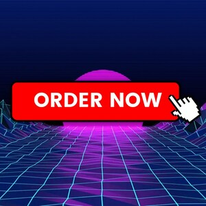May include: A red button with the text "ORDER NOW" in white, with a white cursor hovering over it. The button is set against a retro-style background with a purple and blue grid pattern and a pink sun.