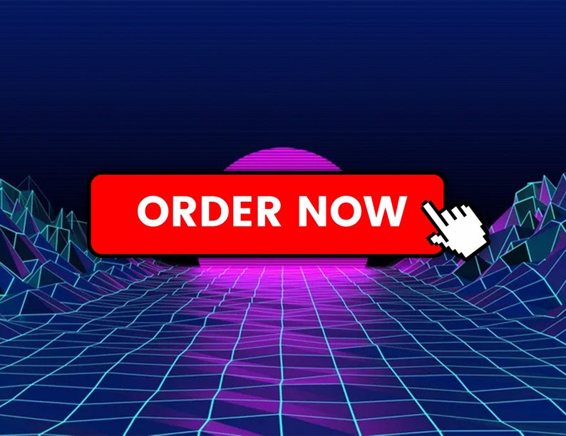 May include: A red button with the text "ORDER NOW" in white, with a white cursor hovering over it. The button is set against a retro-style background with a purple and blue grid pattern and a pink sun.