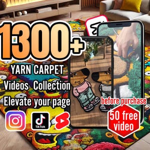 May include: A colorful yarn carpet with a cartoon design. The image includes the text "1300+ Yarn Carpet Videos Collection Elevate your page" and "50 free video".
