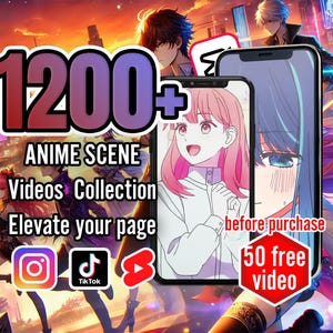 May include: A digital illustration of a phone screen showing a collection of 1200+ anime scene videos. The text "before purchase" and "50 free video" is displayed on the screen. The image also includes a pink-haired anime character and a blue-haired anime character.