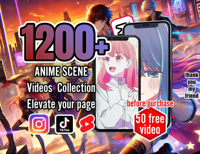 Puede incluir: Una ilustraci&oacute;n digital de una pantalla de tel&eacute;fono que muestra una colecci&oacute;n de m&aacute;s de 1200 videos de escenas de anime. El texto "antes de la compra" y "50 videos gratis" se muestra en la pantalla. La imagen tambi&eacute;n incluye un personaje de anime de cabello rosado y un personaje de anime de cabello azul.