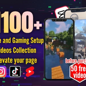 以下が含まれることがあります： 電話の画面に、ビデオゲームが表示されています。その上に「購入前に50本の無料ビデオ」と書かれた赤い円が重なっています。電話は暗い背景に置かれており、「1100+ ゲームとゲーミングセットアップのビデオコレクション ページをレベルアップ」というテキストと、Instagram、TikTok、YouTubeのアイコンが表示されています。
