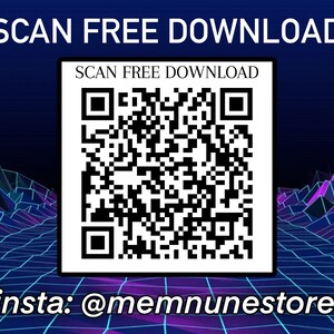 May include: A black and white QR code with the text "SCAN FREE DOWNLOAD" above it and "insta: @memnunstore" below it. The QR code is set against a blue and purple background with a geometric pattern.