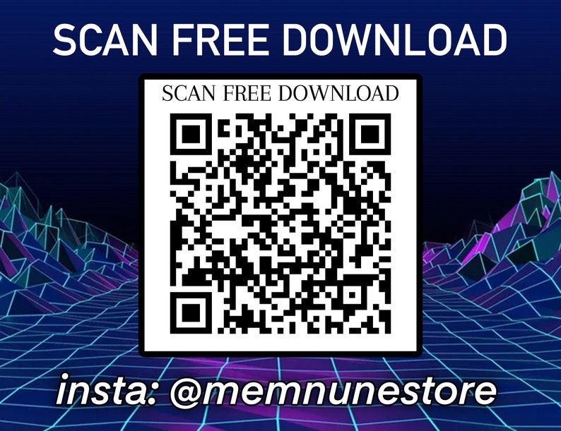 May include: A black and white QR code with the text "SCAN FREE DOWNLOAD" above it and "insta: @memnunstore" below it. The QR code is set against a blue and purple background with a geometric pattern.
