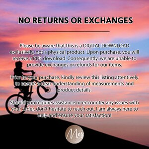 May include: A silhouette of a person riding a bicycle against a sunset sky. The text "NO RETURNS OR EXCHANGES" is at the top of the image. The text below explains that this is a digital download and no refunds or exchanges are offered.