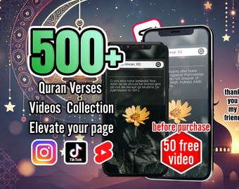 Más de 500 versículos del Corán en video islámico para redes sociales / Contenido editable del Corán en Canva / Cortos virales para Instagram, TikTok y YouTube / Descarga digital