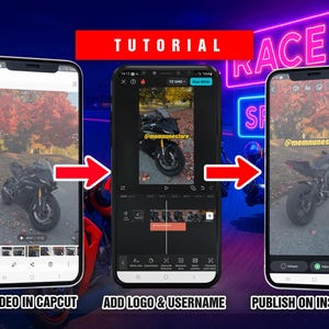 May include: A tutorial on how to create and publish a video on Instagram using the CapCut app. The tutorial shows how to open a video in CapCut, add a logo and username, and then publish the video on Instagram. The video features a motorcycle riding through a forest.