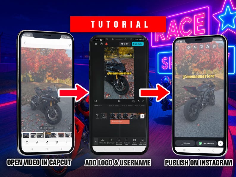 May include: A tutorial on how to create and publish a video on Instagram using the CapCut app. The tutorial shows how to open a video in CapCut, add a logo and username, and then publish the video on Instagram. The video features a motorcycle riding through a forest.