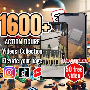 May include: A collection of over 1600 action figure videos for social media. The image shows a phone screen displaying a Lego castle, a phone screen displaying a video, and a red circle with the text "50 free video" inside. The image also includes social media icons for Instagram, TikTok, and YouTube.