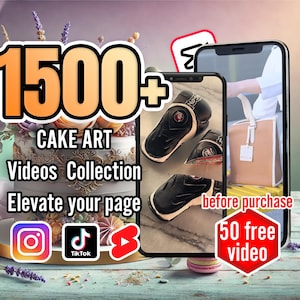 May include: A digital image on a phone screen showing 1500+ cake art videos. The text "Elevate your page" is also on the screen. The phone is sitting on a wooden surface with a cake and flowers in the background. The text "50 free video" is on a red circle.