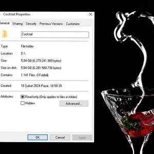 May include: A screenshot of a Windows file properties window showing a folder named "Cocktail" with a size of 5.84 GB. The folder contains 1,141 files and 0 folders. The folder was created on February 18, 2024 at 6:58:35 PM.
