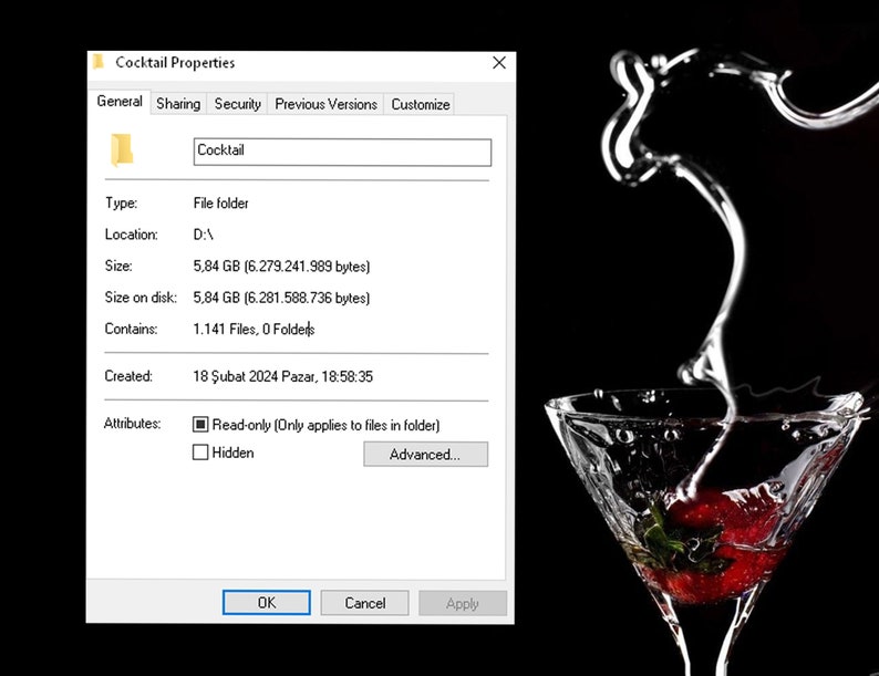 May include: A screenshot of a Windows file properties window showing a folder named "Cocktail" with a size of 5.84 GB. The folder contains 1,141 files and 0 folders. The folder was created on February 18, 2024 at 6:58:35 PM.