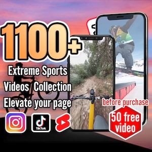 Puede incluir: Un anuncio de marketing digital para una colección de más de 1100 videos de deportes extremos. El anuncio presenta a un ciclista de montaña que recorre un camino de tierra, un snowboarder que realiza un truco y un hexágono rojo con el texto "50 videos gratis" en su interior. El anuncio también incluye iconos de redes sociales para Instagram, TikTok y YouTube.