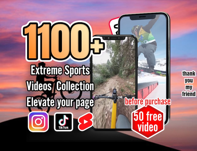 May include: A digital marketing ad for a collection of over 1100 extreme sports videos. The ad features a mountain biker riding on a dirt path, a snowboarder performing a trick, and a red hexagon with the text "50 free video" inside. The ad also includes social media icons for Instagram, TikTok, and YouTube.