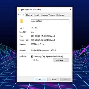 May include: A screenshot of a Windows file properties window for a folder named "game parkour". The folder is located on the D drive, contains 688 files and 0 folders, and is 20.9 GB in size. The folder was created on February 8, 2024 at 4:56:38 PM. The folder has the "Read-only" attribute selected, which applies only to files within the folder.