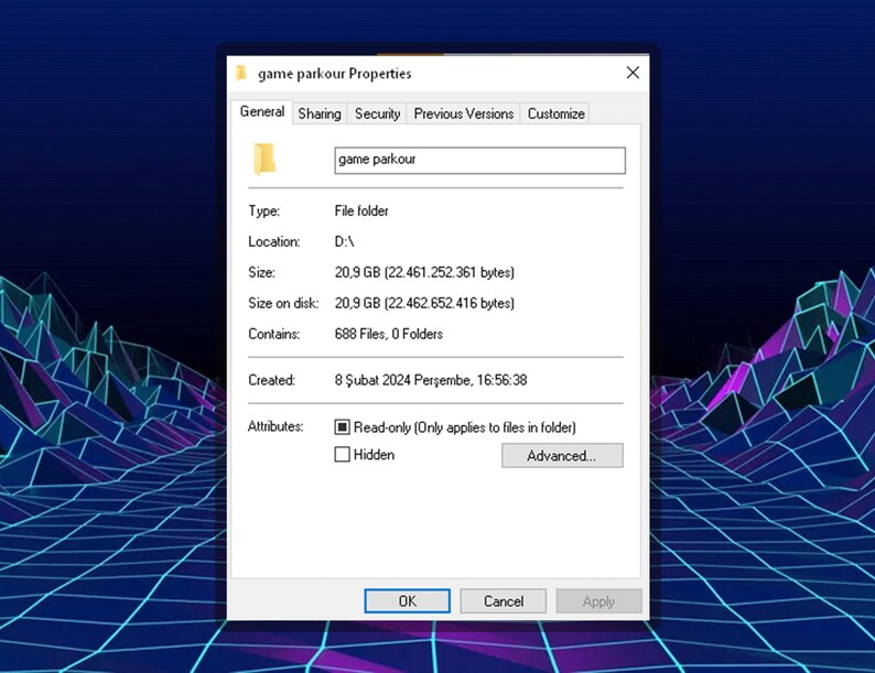 May include: A screenshot of a Windows file properties window for a folder named "game parkour". The folder is located on the D drive, contains 688 files and 0 folders, and is 20.9 GB in size. The folder was created on February 8, 2024 at 4:56:38 PM. The folder has the "Read-only" attribute selected, which applies only to files within the folder.