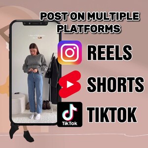 May include: A screenshot of a phone showing a woman wearing a gray sweater and blue jeans. The phone screen displays the text "7 days of fall outfits day 1". The image is overlaid with logos for Instagram Reels, YouTube Shorts, and TikTok.