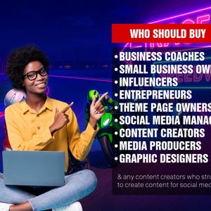May include: A woman in a yellow shirt and blue jeans sits with a laptop in front of her. The text on the screen reads "WHO SHOULD BUY" and lists various professions, including business coaches, small business owners, influencers, entrepreneurs, theme page owners, social media managers, content creators, media producers, and graphic designers. The text also states that the product is for any content creators who struggle to create content for social media.