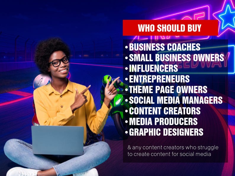 May include: A woman in a yellow shirt and blue jeans sits with a laptop in front of her. The text on the screen reads "WHO SHOULD BUY" and lists various professions, including business coaches, small business owners, influencers, entrepreneurs, theme page owners, social media managers, content creators, media producers, and graphic designers. The text also states that the product is for any content creators who struggle to create content for social media.