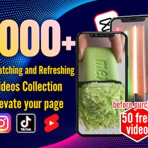 May include: A collage of images promoting a collection of over 1,000 eye-catching and refreshing videos. The text "before purchase 50 free video" is displayed in red on a white circle. Social media icons for Instagram, TikTok, and YouTube are included.
