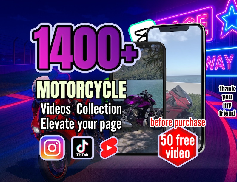 May include: A digital image showing a collection of over 1400 motorcycle videos. The image includes a red motorcycle, a neon sign that says "WAY", and a phone screen showing a motorcycle video. The text "50 free video" is in a red hexagon.