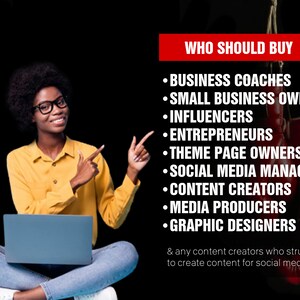 May include: A woman wearing glasses and a yellow shirt is sitting with a laptop on her lap. She is pointing to the right side of the image, where text reads "WHO SHOULD BUY" followed by a list of professions, including business coaches, small business owners, influencers, entrepreneurs, theme page owners, social media managers, content creators, media producers, and graphic designers. The text also states that the product is for any content creators who struggle to create content for social media.