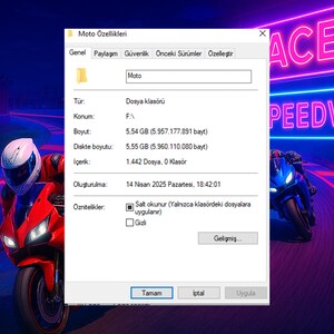 May include: A computer screen displaying a file properties window with the title "Moto &Ouml;zellikleri". The window shows details about a folder named "Moto" with a size of 5.54 GB and a creation date of April 14, 2025.