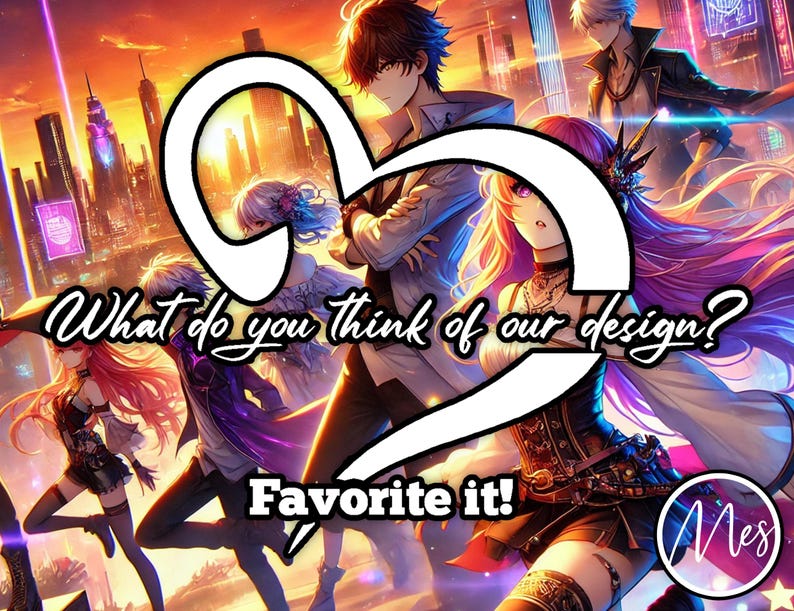 Puede incluir: Una ilustraci&oacute;n de estilo anime colorida con una forma de coraz&oacute;n en el centro. El texto "What do you think of our design? Favorite it!" est&aacute; escrito en blanco sobre fondo negro. La ilustraci&oacute;n presenta varios personajes con colores de cabello y ropa vibrantes.