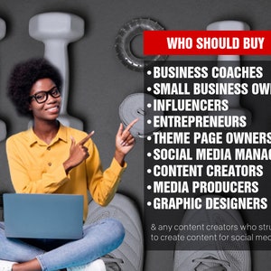 May include: A woman sits cross-legged on a gray surface, holding a laptop computer. She is pointing to a red box with the text "WHO SHOULD BUY" and a list of professions, including business coaches, small business owners, influencers, entrepreneurs, theme page owners, social media managers, content creators, media producers, and graphic designers. The text below the list says "& any content creators who struggle to create content for social media".