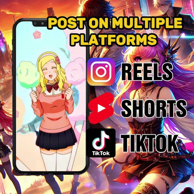 Puede incluir: La pantalla de un tel&eacute;fono inteligente muestra una animaci&oacute;n de dibujos animados de una ni&ntilde;a que sostiene algod&oacute;n de az&uacute;car. El texto "POST ON MULTIPLE PLATFORMS" se muestra en la parte superior de la pantalla. Debajo de la animaci&oacute;n, se muestran los logotipos de Instagram Reels, YouTube Shorts y TikTok.