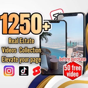 May include: A digital marketing image promoting a collection of over 1250 real estate videos. The image features two phone screens displaying videos of luxury properties, with text that reads "before purchase 50 free video". The image also includes icons for Instagram, TikTok, and YouTube.