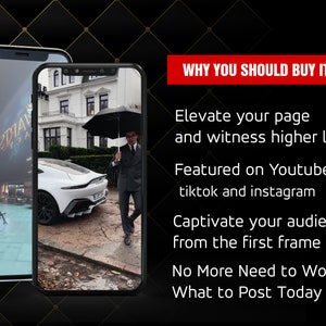 May include: Two images of a smartphone screen showing a man in a suit holding an umbrella and walking past a white sports car. The text on the screen reads "WHY YOU SHOULD BUY IT", "Elevate your page and witness higher likes", "Featured on Youtube, tiktok and instagram", "Captivate your audience from the first frame", "No More Need to Wonder What to Post Today".