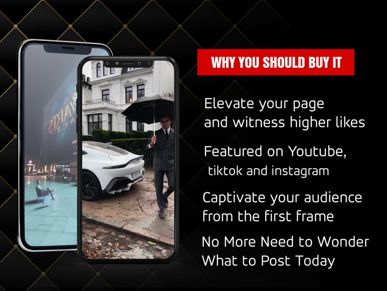 May include: Two images of a smartphone screen showing a man in a suit holding an umbrella and walking past a white sports car. The text on the screen reads "WHY YOU SHOULD BUY IT", "Elevate your page and witness higher likes", "Featured on Youtube, tiktok and instagram", "Captivate your audience from the first frame", "No More Need to Wonder What to Post Today".