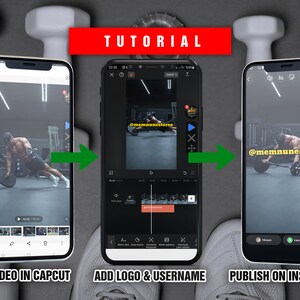 May include: A tutorial on how to create and publish a video on Instagram using the CapCut app. The tutorial shows how to open a video in CapCut, add a logo and username, and then publish the video on Instagram.